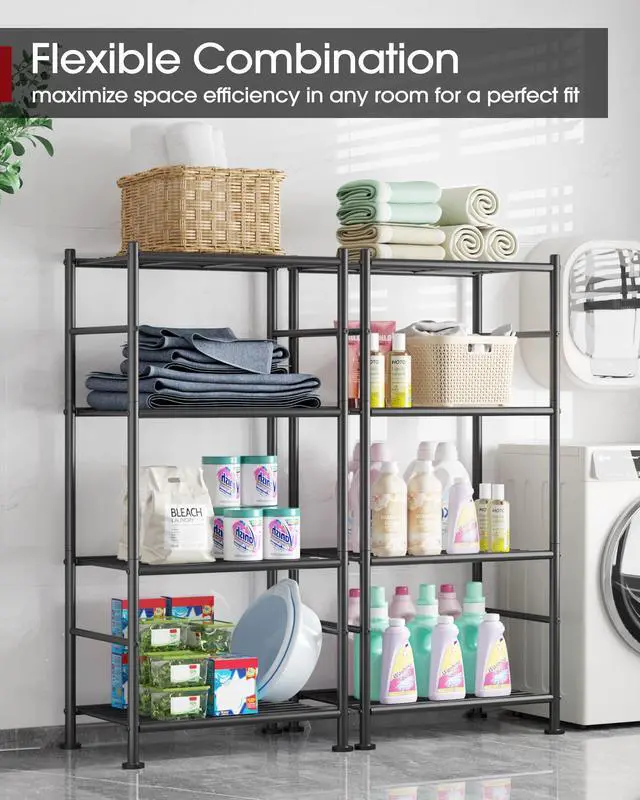 Alt view image 4 of 7 - Storage Shelves - 4 Tier Shelf Organizer, Sturdy Metal Garage Shelving with Adjustable Leveling Feet, Space-Saving Shelves Organizer for Pantry, Laundry, Kitchen (18" x 12" x 44", Black)
