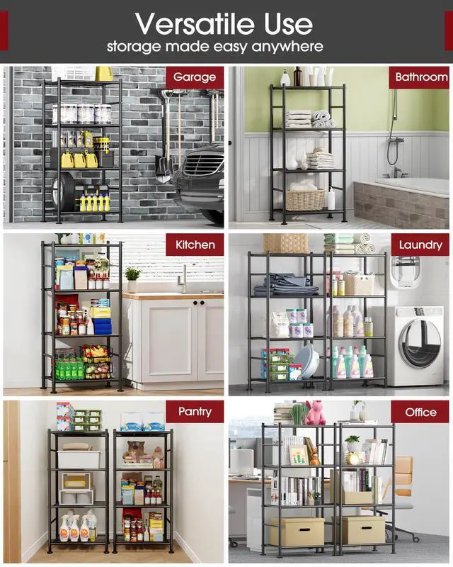 Alt view image 6 of 7 - Storage Shelves - 4 Tier Shelf Organizer, Sturdy Metal Garage Shelving with Adjustable Leveling Feet, Space-Saving Shelves Organizer for Pantry, Laundry, Kitchen (18" x 12" x 44", Black)