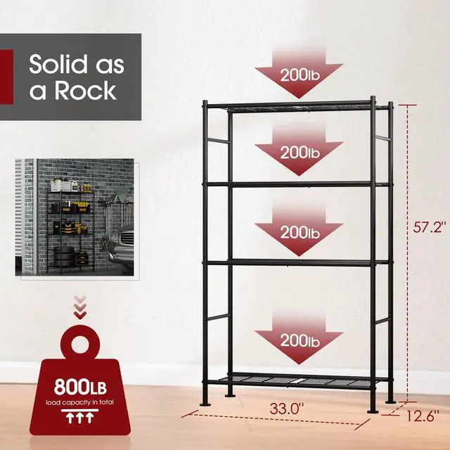 Alt view image 2 of 7 - Storage Shelves - 4 Tier Shelf Organizer, Heavy Duty Garage Shelving Unit with Leveling Feet, Stable Metal Shelves Organizer for Pantry, Kitchen and Closet, 33.0" W x 12.6" D x 57.2" H, Black