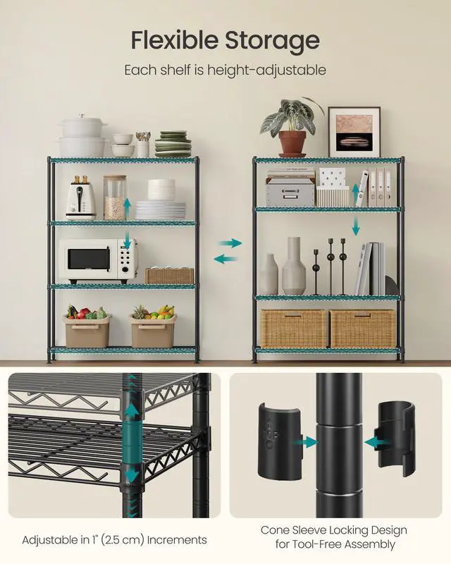 Alt view image 4 of 6 - Storage Shelf, Metal Wire Shelving Unit, Adjustable Shelves, for Garage, Bedroom, Living Room, Kitchen, Pantry, 4 Tier, 11.8 x 35.4 x 47.6 Inches, Ink Black ULGR194BH01S