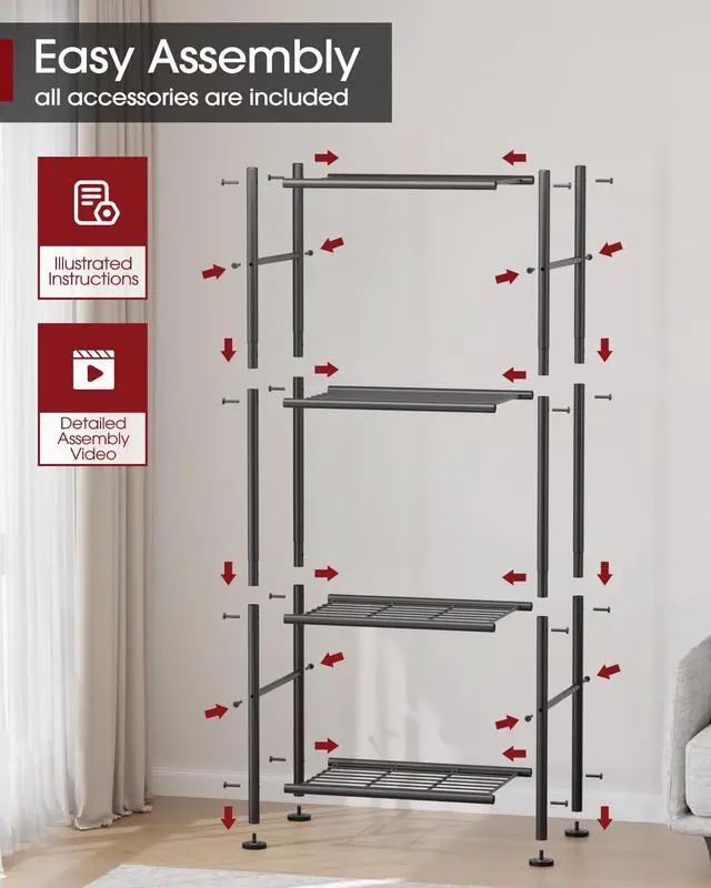 Alt view image 7 of 7 - Storage Shelves - 4 Tier Shelf Organizer, Sturdy Metal Garage Shelving with Adjustable Leveling Feet, Space-Saving Shelves Organizer for Pantry, Laundry, Kitchen (18" x 12" x 44", Black)