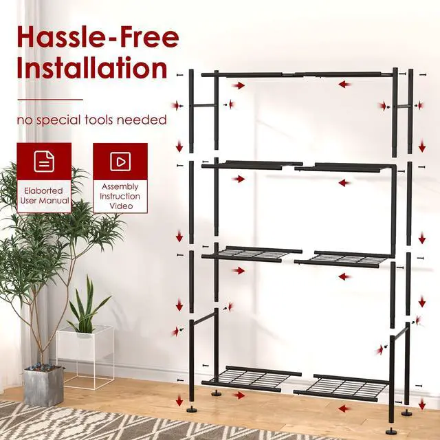 Alt view image 7 of 7 - Storage Shelves - 4 Tier Shelf Organizer, Heavy Duty Garage Shelving Unit with Leveling Feet, Stable Metal Shelves Organizer for Pantry, Kitchen and Closet, 33.0" W x 12.6" D x 57.2" H, Black
