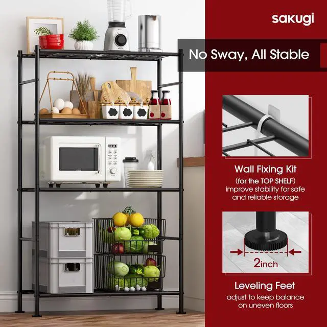 Alt view image 5 of 7 - Storage Shelves - 4 Tier Shelf Organizer, Heavy Duty Garage Shelving Unit with Leveling Feet, Stable Metal Shelves Organizer for Pantry, Kitchen and Closet, 33.0" W x 12.6" D x 57.2" H, Black