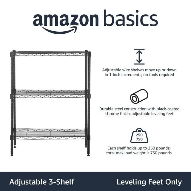 Alt view image 3 of 4 - 3-Shelf Adjustable Heavy Duty Steel Wire Rack Storage Shelving Organizer with Storage Space, Versatility and Ease of Use for Kitchen, Garage, 23.2" L x 13.4" W x 30" H, Black