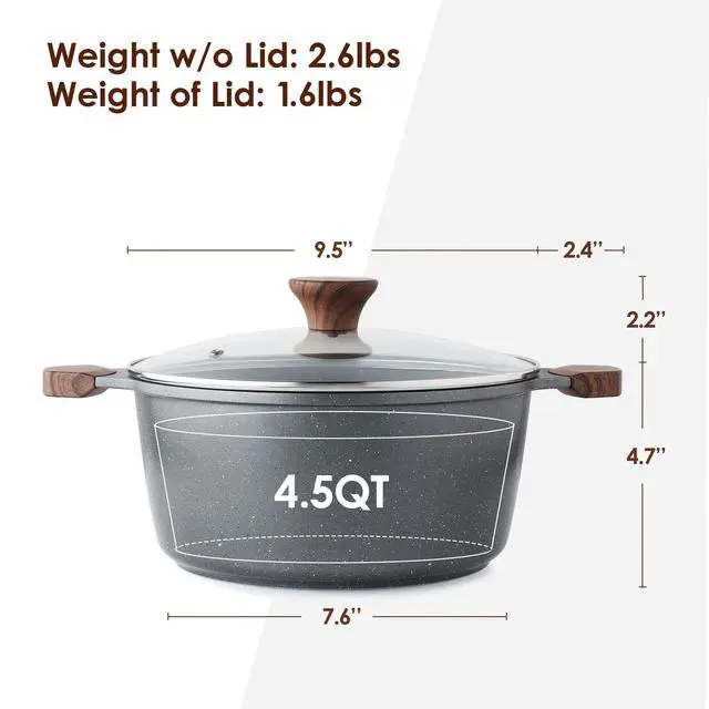 Alt view image 2 of 6 - Nonstick Stock Pot with Lid, 4.5 Quart Induction Cooking Pot with Tempered Glass Lid, Stew Pot with Swiss Nonstick Granite Coating, PFOA PFOS APEO Free, Gray