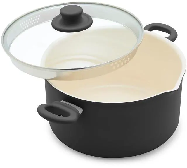Main image of 6QT Ceramic Nonstick Stockpot with Glass Straining Lid, PFAS-Free, Dishwasher Safe, Stay-Cool Handles, Oven Safe to 350°F, Wobble-Free Base, Even Heating, Black