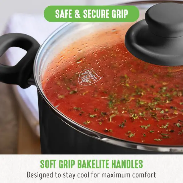 Alt view image 2 of 6 - 6QT Ceramic Nonstick Stockpot with Glass Straining Lid, PFAS-Free, Dishwasher Safe, Stay-Cool Handles, Oven Safe to 350°F, Wobble-Free Base, Even Heating, Black