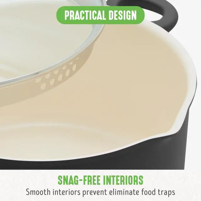 Alt view image 3 of 6 - 6QT Ceramic Nonstick Stockpot with Glass Straining Lid, PFAS-Free, Dishwasher Safe, Stay-Cool Handles, Oven Safe to 350°F, Wobble-Free Base, Even Heating, Black