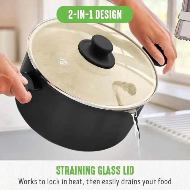Alt view image 4 of 6 - 6QT Ceramic Nonstick Stockpot with Glass Straining Lid, PFAS-Free, Dishwasher Safe, Stay-Cool Handles, Oven Safe to 350°F, Wobble-Free Base, Even Heating, Black