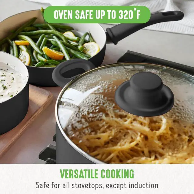 Alt view image 5 of 6 - 6QT Ceramic Nonstick Stockpot with Glass Straining Lid, PFAS-Free, Dishwasher Safe, Stay-Cool Handles, Oven Safe to 350°F, Wobble-Free Base, Even Heating, Black