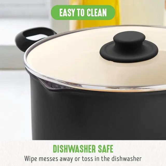Alt view image 6 of 6 - 6QT Ceramic Nonstick Stockpot with Glass Straining Lid, PFAS-Free, Dishwasher Safe, Stay-Cool Handles, Oven Safe to 350°F, Wobble-Free Base, Even Heating, Black