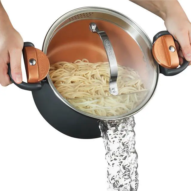 Main image of 5 Quart Stock Pot Multipurpose Pasta Pot with Strainer Lid & Twist and Lock Handles, Nonstick Ceramic Surface Makes for Effortless Cleanup with Tempered Glass Lid, Dishwasher Safe