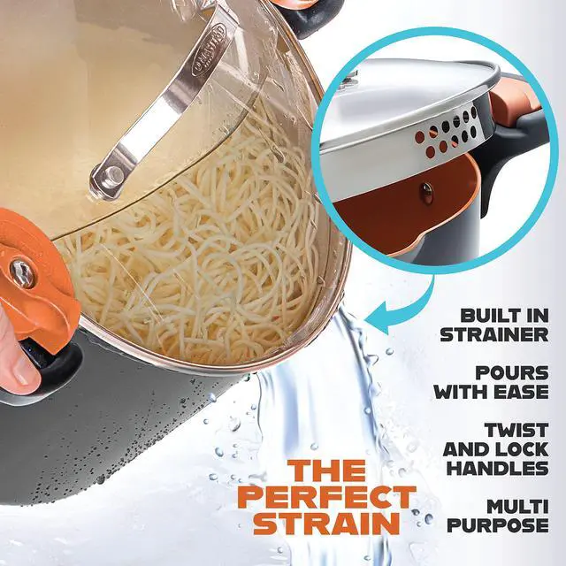 Alt view image 2 of 6 - 5 Quart Stock Pot Multipurpose Pasta Pot with Strainer Lid & Twist and Lock Handles, Nonstick Ceramic Surface Makes for Effortless Cleanup with Tempered Glass Lid, Dishwasher Safe