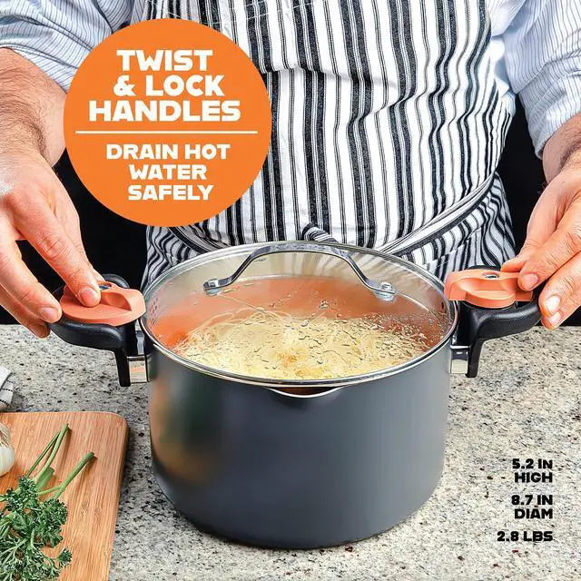 Alt view image 4 of 6 - 5 Quart Stock Pot Multipurpose Pasta Pot with Strainer Lid & Twist and Lock Handles, Nonstick Ceramic Surface Makes for Effortless Cleanup with Tempered Glass Lid, Dishwasher Safe