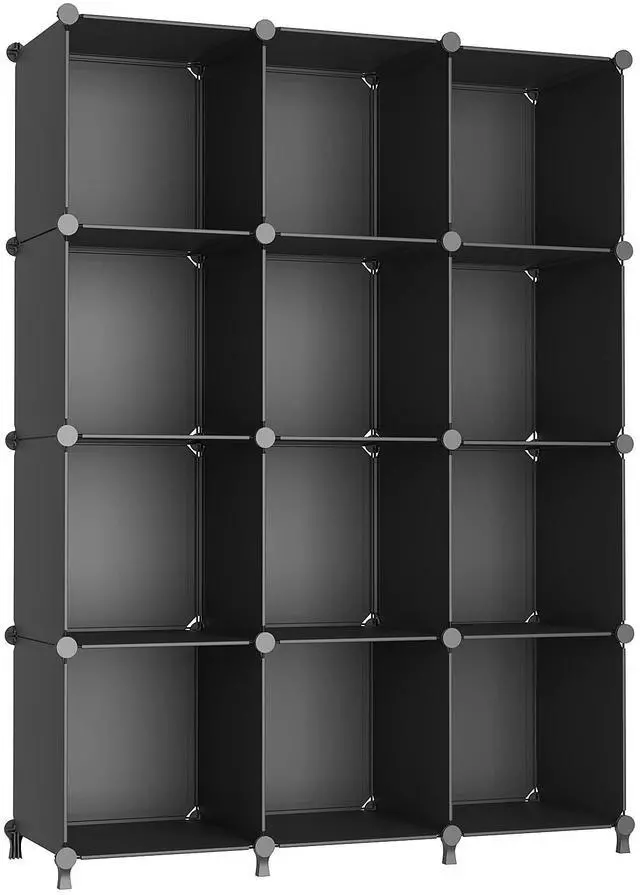 Main image of Cube Storage Organizer Closet Storage Shelves DIY Stackable Plastic Storage 12 Cube Bookshelf, Ideal Storage Organizer for Closet, Home, Bedroom, Black