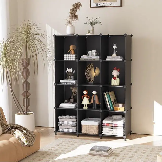 Alt view image 2 of 7 - Cube Storage Organizer Closet Storage Shelves DIY Stackable Plastic Storage 12 Cube Bookshelf, Ideal Storage Organizer for Closet, Home, Bedroom, Black