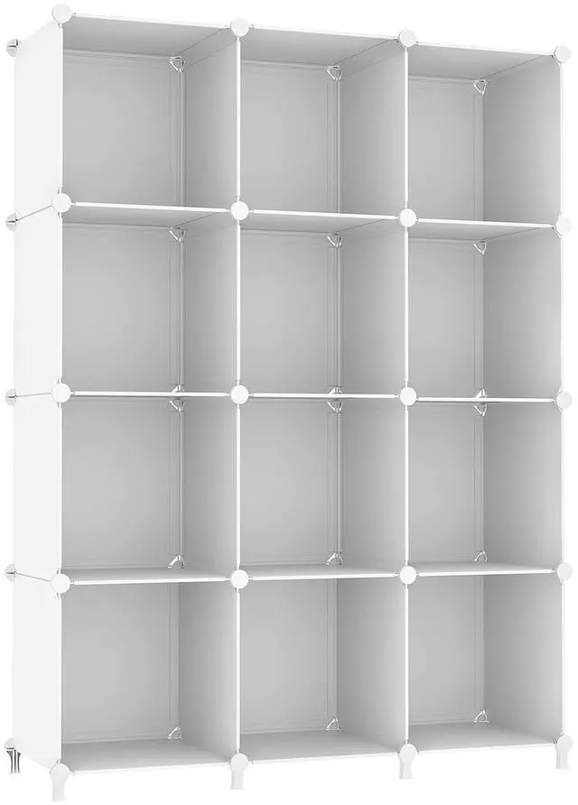 Main image of Cube Storage Organizer Storage 12 Cube Bookshelf DIY Plastic Closet Clothes Storage Shelves with Wooden Mallet, Stackable Storage Solution for Home, Bedroom, White
