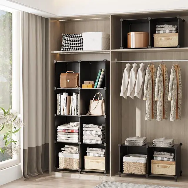 Alt view image 3 of 7 - Cube Storage Organizer Closet Storage Shelves DIY Stackable Plastic Storage 12 Cube Bookshelf, Ideal Storage Organizer for Closet, Home, Bedroom, Black