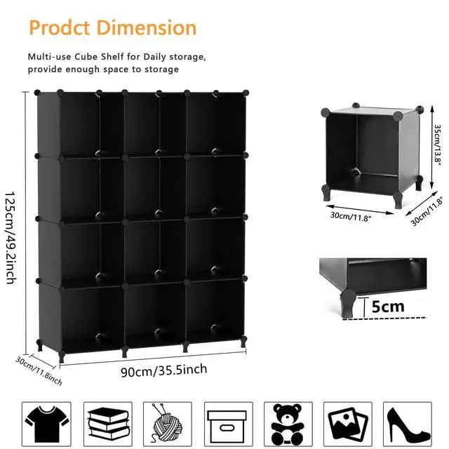 Alt view image 6 of 7 - Cube Storage Organizer Closet Storage Shelves DIY Stackable Plastic Storage 12 Cube Bookshelf, Ideal Storage Organizer for Closet, Home, Bedroom, Black