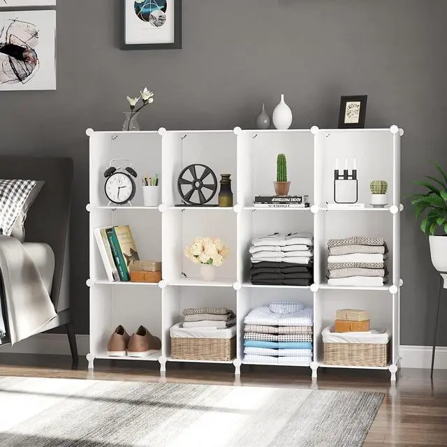 Alt view image 3 of 7 - Cube Storage Organizer Storage 12 Cube Bookshelf DIY Plastic Closet Clothes Storage Shelves with Wooden Mallet, Stackable Storage Solution for Home, Bedroom, White