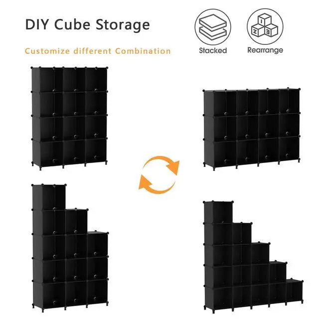 Alt view image 7 of 7 - Cube Storage Organizer Closet Storage Shelves DIY Stackable Plastic Storage 12 Cube Bookshelf, Ideal Storage Organizer for Closet, Home, Bedroom, Black