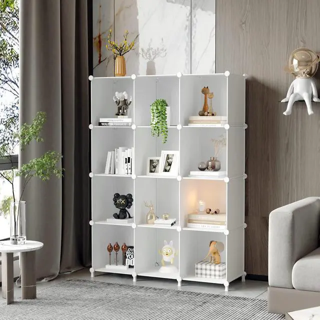 Alt view image 2 of 7 - Cube Storage Organizer Storage 12 Cube Bookshelf DIY Plastic Closet Clothes Storage Shelves with Wooden Mallet, Stackable Storage Solution for Home, Bedroom, White