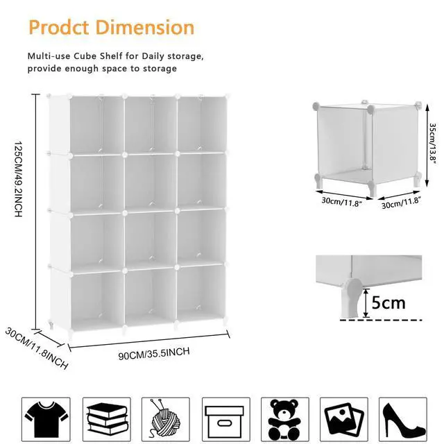 Alt view image 4 of 7 - Cube Storage Organizer Storage 12 Cube Bookshelf DIY Plastic Closet Clothes Storage Shelves with Wooden Mallet, Stackable Storage Solution for Home, Bedroom, White