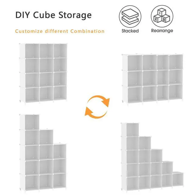 Alt view image 5 of 7 - Cube Storage Organizer Storage 12 Cube Bookshelf DIY Plastic Closet Clothes Storage Shelves with Wooden Mallet, Stackable Storage Solution for Home, Bedroom, White