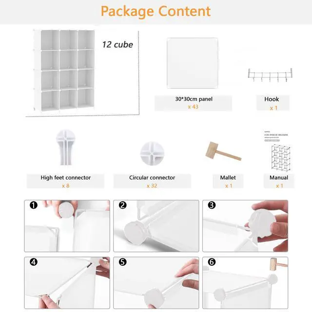 Alt view image 7 of 7 - Cube Storage Organizer Storage 12 Cube Bookshelf DIY Plastic Closet Clothes Storage Shelves with Wooden Mallet, Stackable Storage Solution for Home, Bedroom, White