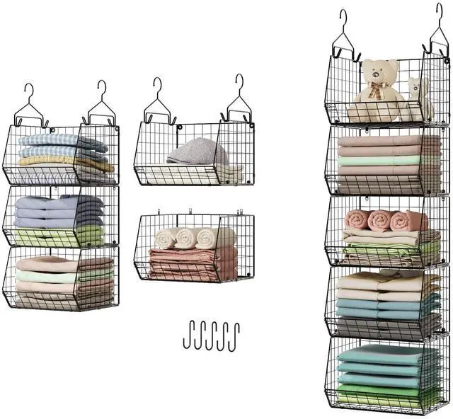Main image of 5 Tier Closet Hanging Organizer, Clothes Hanging Shelves with 4 Hanging Hooks 5 S Hooks, Wire Storage Basket Bins, for Clothing Sweaters Shoes Handbags Clutches Accessories Patent Design