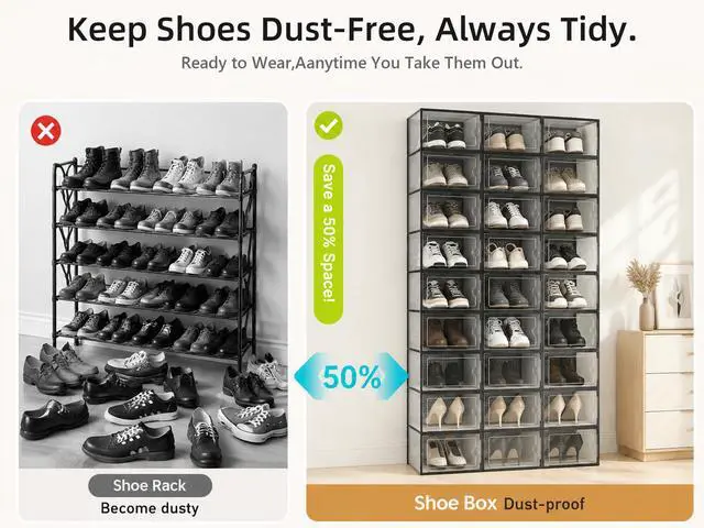 Alt view image 5 of 7 - X-Large Shoe Storage Boxes Organizers Clear Plastic Stackable 12 Pack, Shoe Rack & Holder Substitute, Sneaker Containers, Toy Storage Organizer Bins for Entryway, Closet, Under Bed, Black