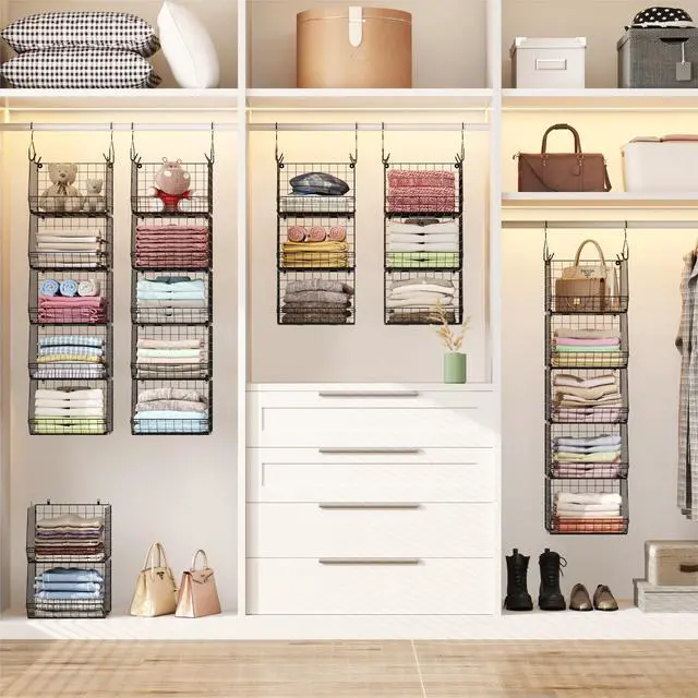Alt view image 2 of 7 - 5 Tier Closet Hanging Organizer, Clothes Hanging Shelves with 4 Hanging Hooks 5 S Hooks, Wire Storage Basket Bins, for Clothing Sweaters Shoes Handbags Clutches Accessories Patent Design