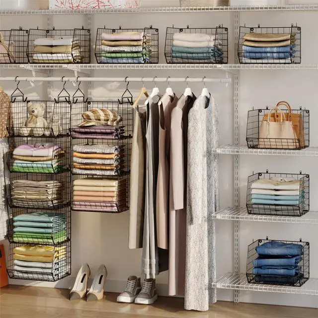 Alt view image 3 of 7 - 5 Tier Closet Hanging Organizer, Clothes Hanging Shelves with 4 Hanging Hooks 5 S Hooks, Wire Storage Basket Bins, for Clothing Sweaters Shoes Handbags Clutches Accessories Patent Design