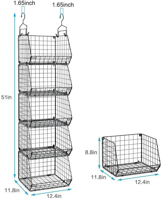 Alt view image 7 of 7 - 5 Tier Closet Hanging Organizer, Clothes Hanging Shelves with 4 Hanging Hooks 5 S Hooks, Wire Storage Basket Bins, for Clothing Sweaters Shoes Handbags Clutches Accessories Patent Design