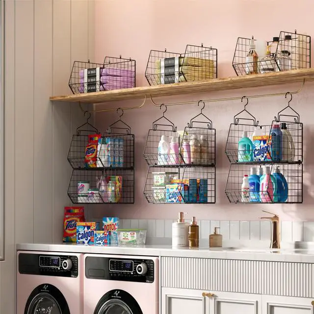 Alt view image 4 of 7 - 5 Tier Closet Hanging Organizer, Clothes Hanging Shelves with 4 Hanging Hooks 5 S Hooks, Wire Storage Basket Bins, for Clothing Sweaters Shoes Handbags Clutches Accessories Patent Design