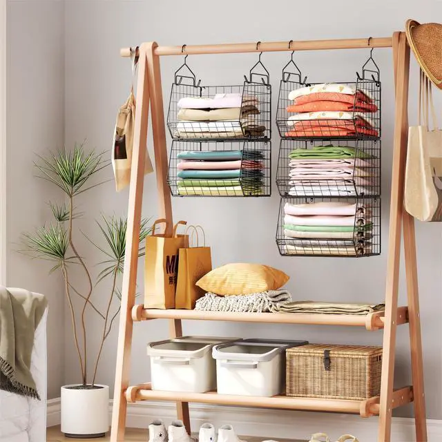 Alt view image 6 of 7 - 5 Tier Closet Hanging Organizer, Clothes Hanging Shelves with 4 Hanging Hooks 5 S Hooks, Wire Storage Basket Bins, for Clothing Sweaters Shoes Handbags Clutches Accessories Patent Design