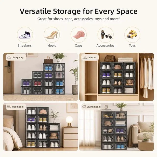 Alt view image 6 of 7 - X-Large Shoe Storage Boxes Organizers Clear Plastic Stackable 12 Pack, Shoe Rack & Holder Substitute, Sneaker Containers, Toy Storage Organizer Bins for Entryway, Closet, Under Bed, Black