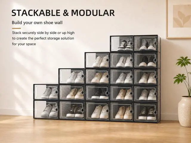 Alt view image 7 of 7 - X-Large Shoe Storage Boxes Organizers Clear Plastic Stackable 12 Pack, Shoe Rack & Holder Substitute, Sneaker Containers, Toy Storage Organizer Bins for Entryway, Closet, Under Bed, Black