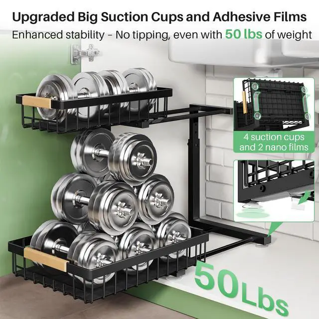 Alt view image 4 of 7 - Under Sink Organizer, 2 Tier Under the Sink Storage, Slide out Pull out Cabinet Organizer Shelf, Metal Sliding Drawer for Kitchen Bathroom Pantry Closet Organization Rack, Black, 2 Pack