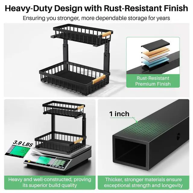 Alt view image 5 of 7 - Under Sink Organizer, 2 Tier Under the Sink Storage, Slide out Pull out Cabinet Organizer Shelf, Metal Sliding Drawer for Kitchen Bathroom Pantry Closet Organization Rack, Black, 2 Pack