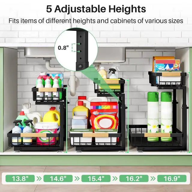 Alt view image 7 of 7 - Under Sink Organizer, 2 Tier Under the Sink Storage, Slide out Pull out Cabinet Organizer Shelf, Metal Sliding Drawer for Kitchen Bathroom Pantry Closet Organization Rack, Black, 2 Pack