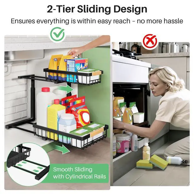 Alt view image 6 of 7 - Under Sink Organizer, 2 Tier Under the Sink Storage, Slide out Pull out Cabinet Organizer Shelf, Metal Sliding Drawer for Kitchen Bathroom Pantry Closet Organization Rack, Black, 2 Pack