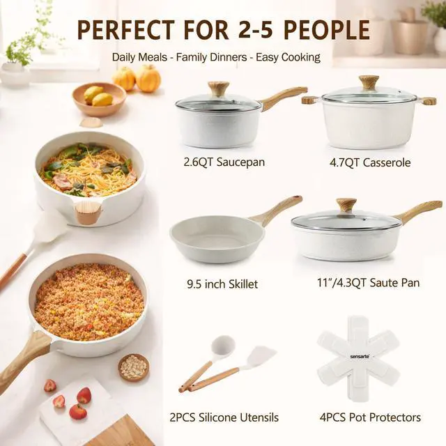 Alt view image 2 of 7 - Nonstick Ceramic Cookware Set, 13-Piece Non-toxic Pots and Pans Set, Healthy Kitchen Cooking Set with Stay-Cool Handles, Silicone Tools and Pot Protectors, PFAS Free