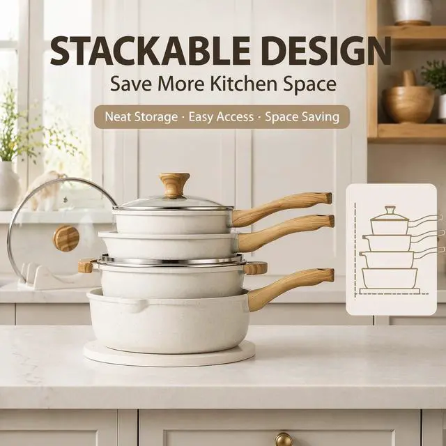 Alt view image 6 of 7 - Nonstick Ceramic Cookware Set, 13-Piece Non-toxic Pots and Pans Set, Healthy Kitchen Cooking Set with Stay-Cool Handles, Silicone Tools and Pot Protectors, PFAS Free