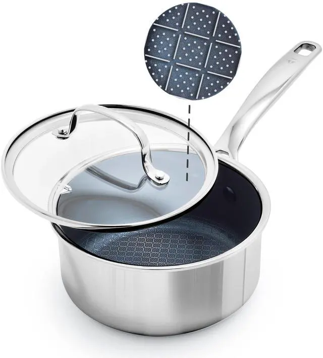 Main image of Hybrid Nonstick Stainless Steel 1.57QT Saucepan with Glass Lid, PFAS-Free Ceramic Diamond Bond Pot, Dishwasher Safe, Stay-Cool Handle, Induction Ready, Compatible with All Cooktops