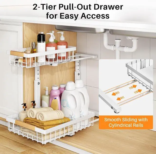 Alt view image 3 of 7 - Under Sink Organizer, Adjustable Height, 2 Tier Pull Out Under Cabinet Organizer, Slide Out Thickened Metal Under Sink Storage for Kitchen Bathroom Laundry Pantry Cabinet, White, Large-2-Pack