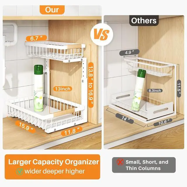 Alt view image 2 of 7 - Under Sink Organizer, Adjustable Height, 2 Tier Pull Out Under Cabinet Organizer, Slide Out Thickened Metal Under Sink Storage for Kitchen Bathroom Laundry Pantry Cabinet, White, Large-2-Pack