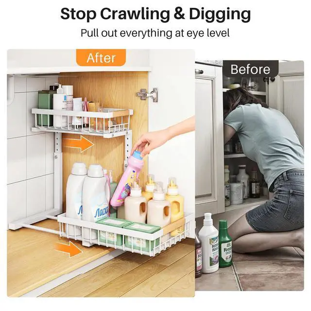 Alt view image 4 of 7 - Under Sink Organizer, Adjustable Height, 2 Tier Pull Out Under Cabinet Organizer, Slide Out Thickened Metal Under Sink Storage for Kitchen Bathroom Laundry Pantry Cabinet, White, Large-2-Pack