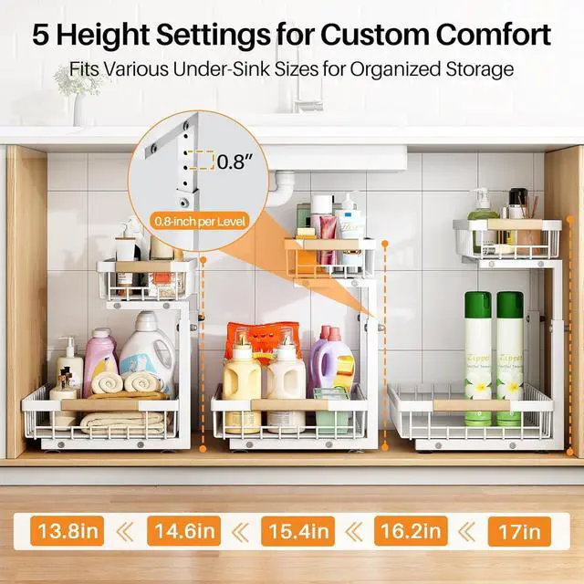 Alt view image 5 of 7 - Under Sink Organizer, Adjustable Height, 2 Tier Pull Out Under Cabinet Organizer, Slide Out Thickened Metal Under Sink Storage for Kitchen Bathroom Laundry Pantry Cabinet, White, Large-2-Pack