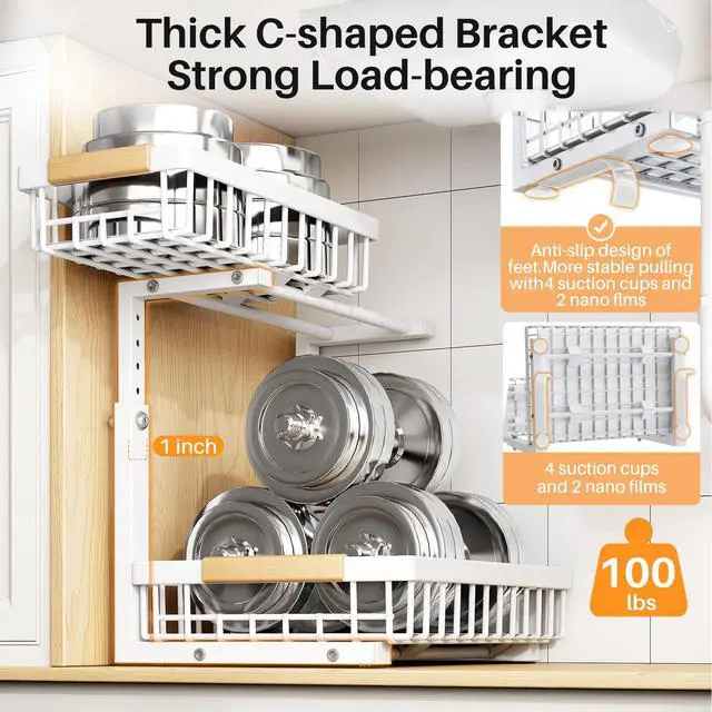 Alt view image 6 of 7 - Under Sink Organizer, Adjustable Height, 2 Tier Pull Out Under Cabinet Organizer, Slide Out Thickened Metal Under Sink Storage for Kitchen Bathroom Laundry Pantry Cabinet, White, Large-2-Pack